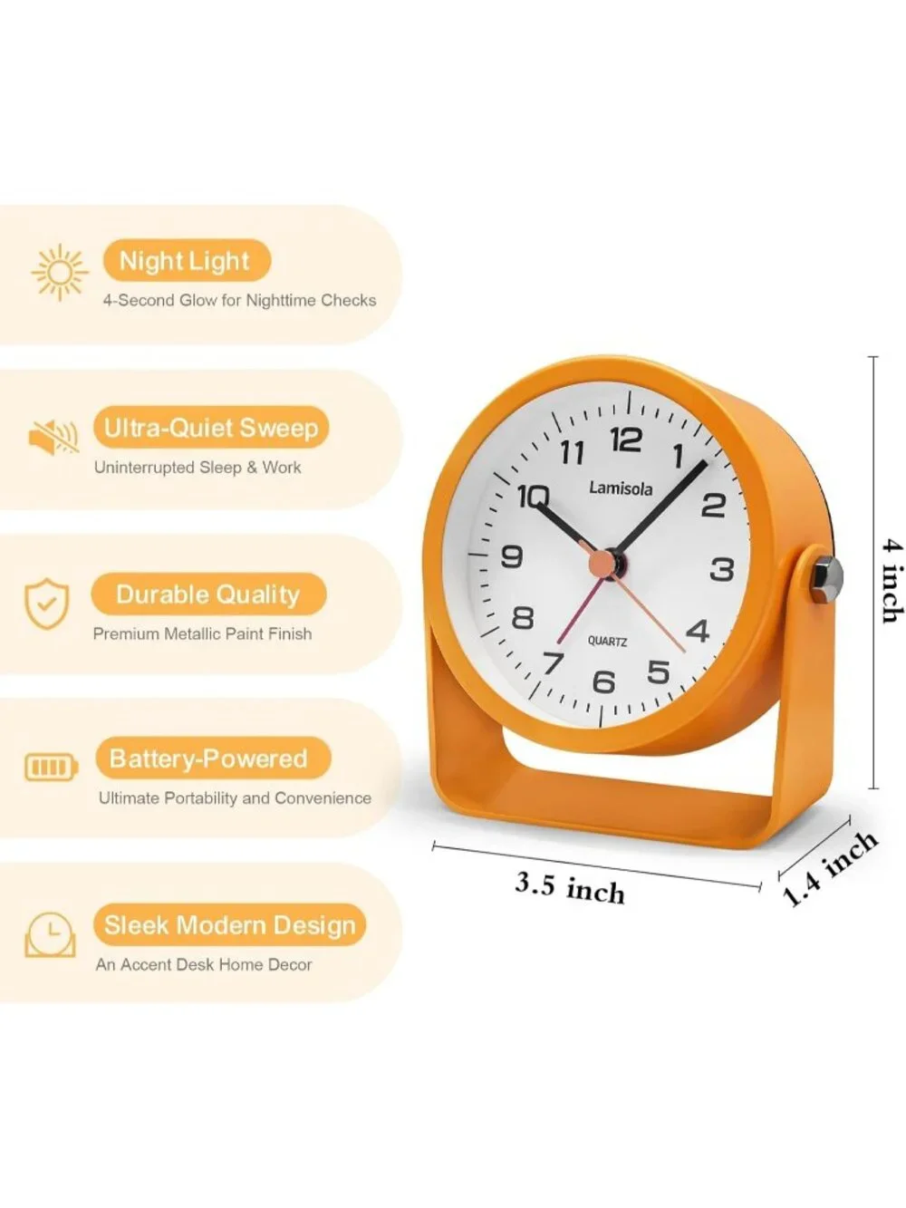 Home Orange Analog Quartz Battery Vintage Operated Silent Small Desk Alarm Clock
